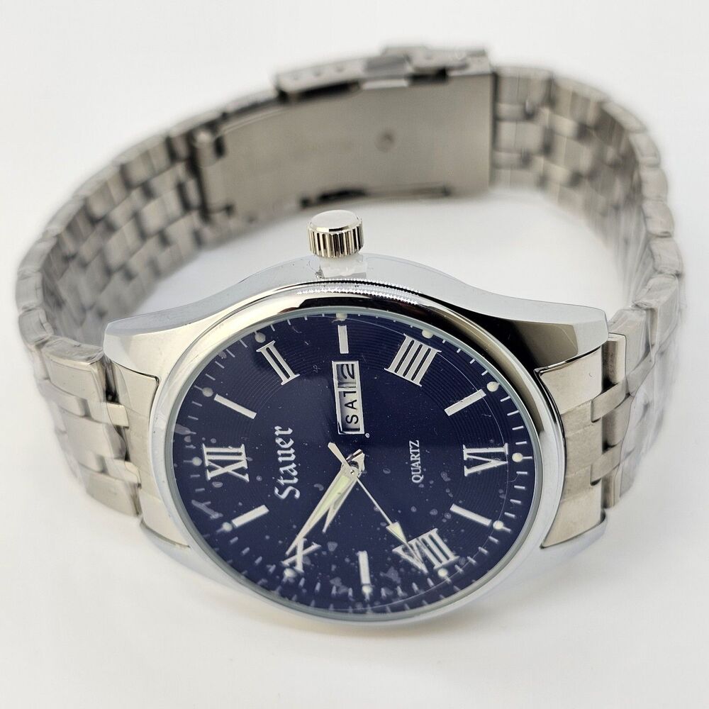 Stauer Men's Watch 40MM Roman Numerals Blue Dial Day Date Gray Bracelet Band 8"
